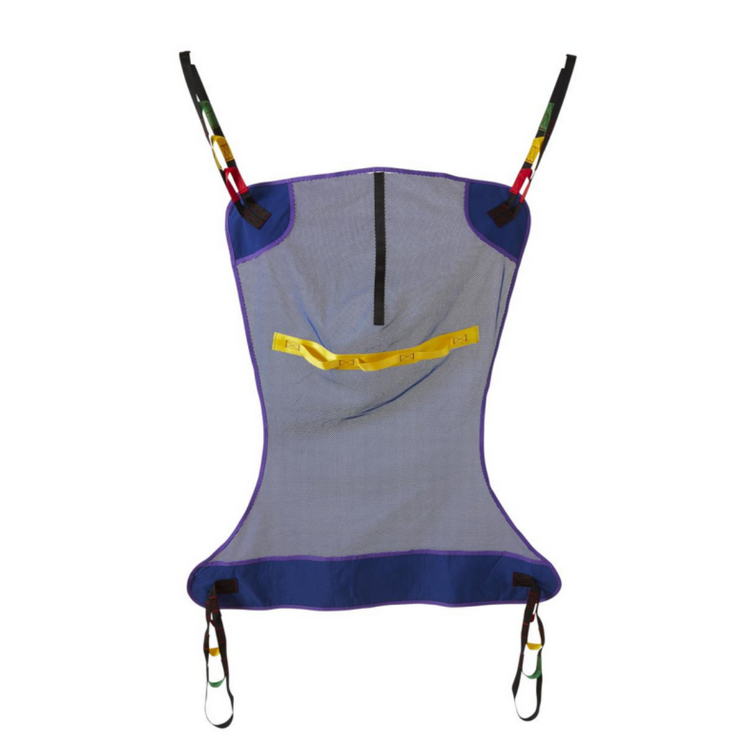 Medline Reusable Full-Body mesh Patient Slings feature blue mesh edges, black straps, carabiner clips at each corner, a yellow strap, and a black zipper at the top—ideal for safe patient transfers and lift systems.